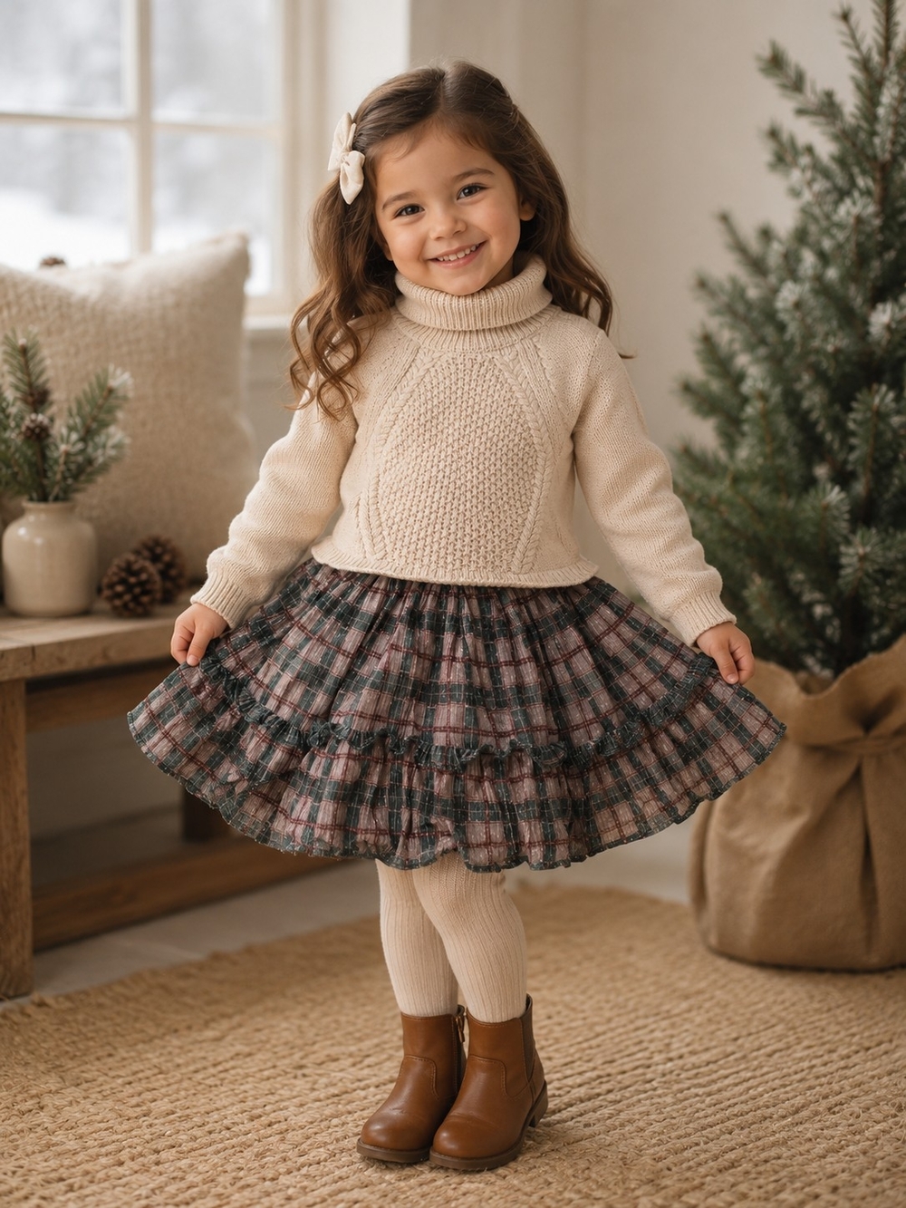 Turtleneck Sweater Dress With Tiered Plaid Twirl Skirt- Cream & Green